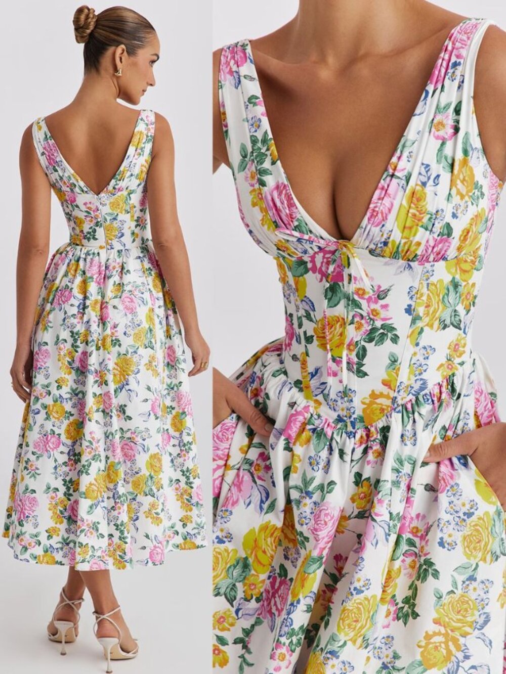 House of CB Emmelina Dress White Vintage Rose Print Corset Sundress Size XS